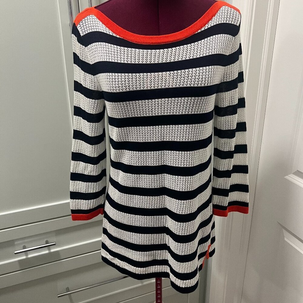 JONES NEW YORK Signature Knit Sweater Split Hem Stripes Black White Size Small